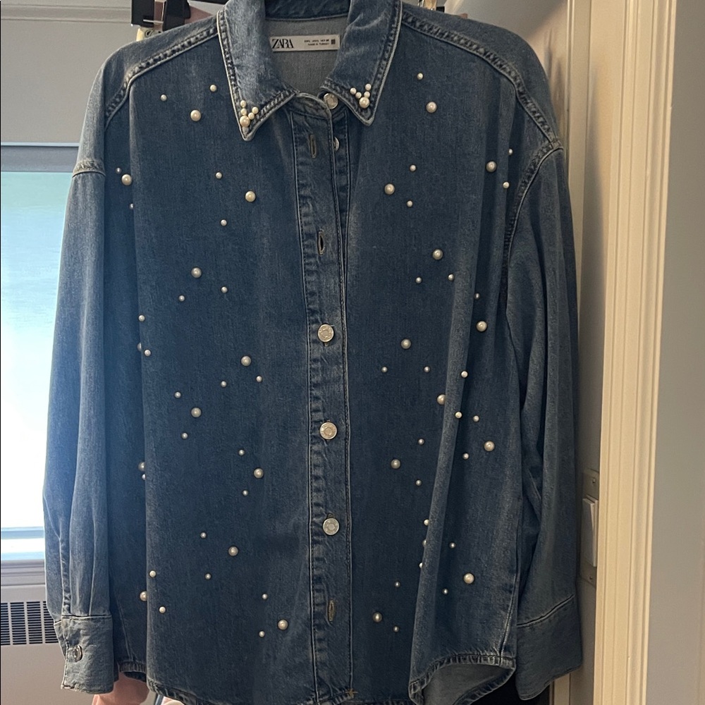 Zara Denim Shirt with Pearl Details